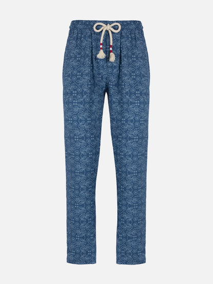 Man printed linen Calais pants with drawstring