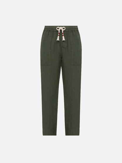 Military green linen pants Calais with drawstring