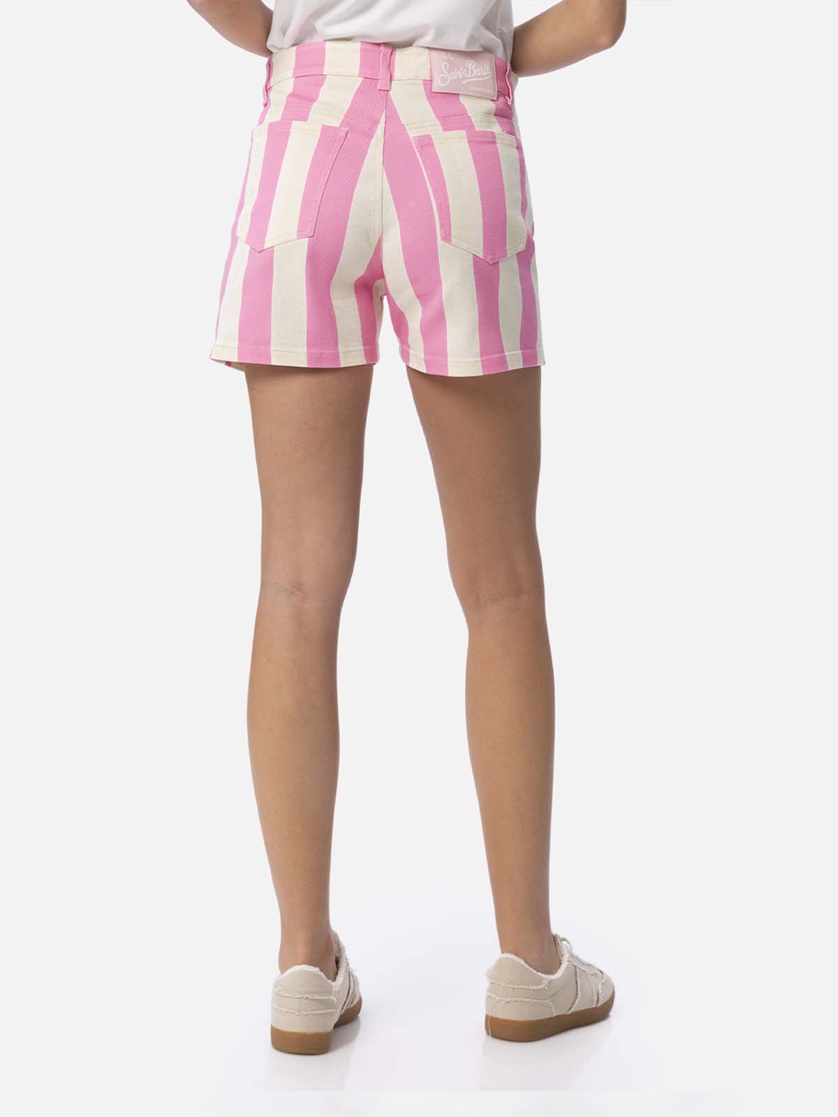 Woman pink striped print denim bermuda Cancun