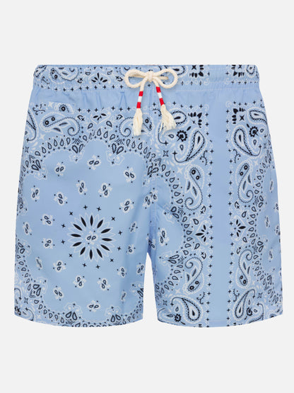 Mid-length swim-shorts Caprese with sky blue bandanna print