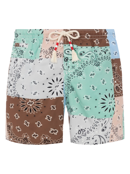 Mid-length swim-shorts Caprese with bandanna patch print