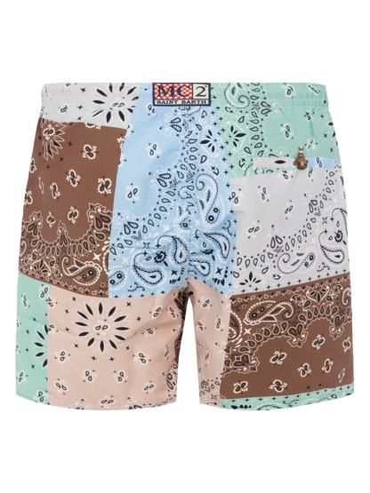Mid-length swim-shorts Caprese with bandanna patch print