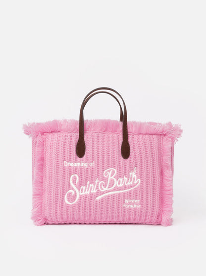 Pink rib knit Colette handbag with logo embroidery