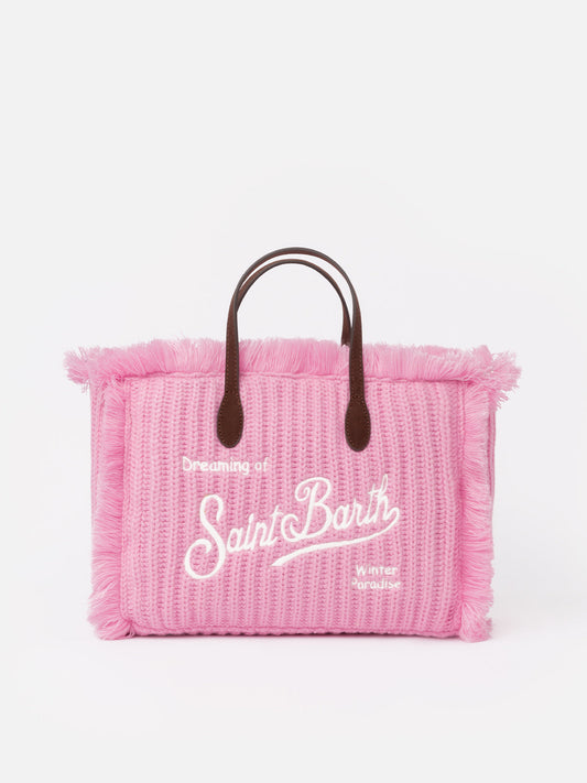 Pink rib knit Colette handbag with logo embroidery