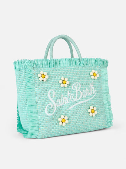 Water green Colette Straw handbag with flower wood beads embellishment - MC2 Saint Barth