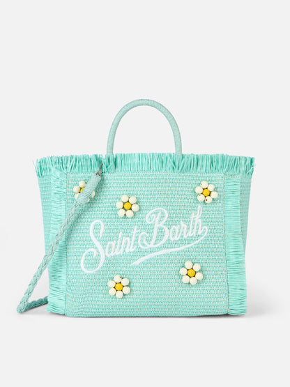 Water green Colette Straw handbag with flower wood beads embellishment - MC2 Saint Barth