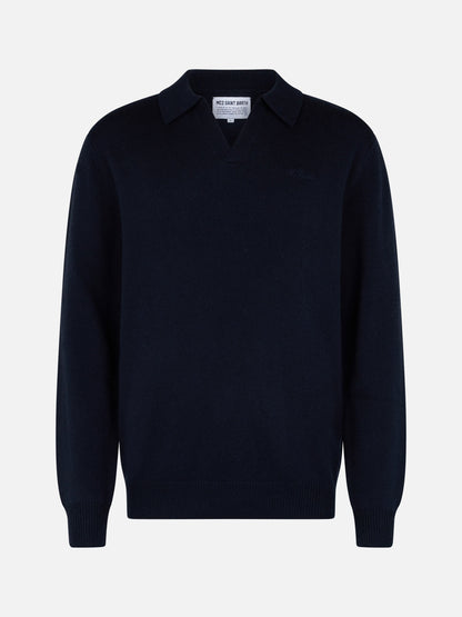 Man navy blue cashmere blend polo collar sweater Covent