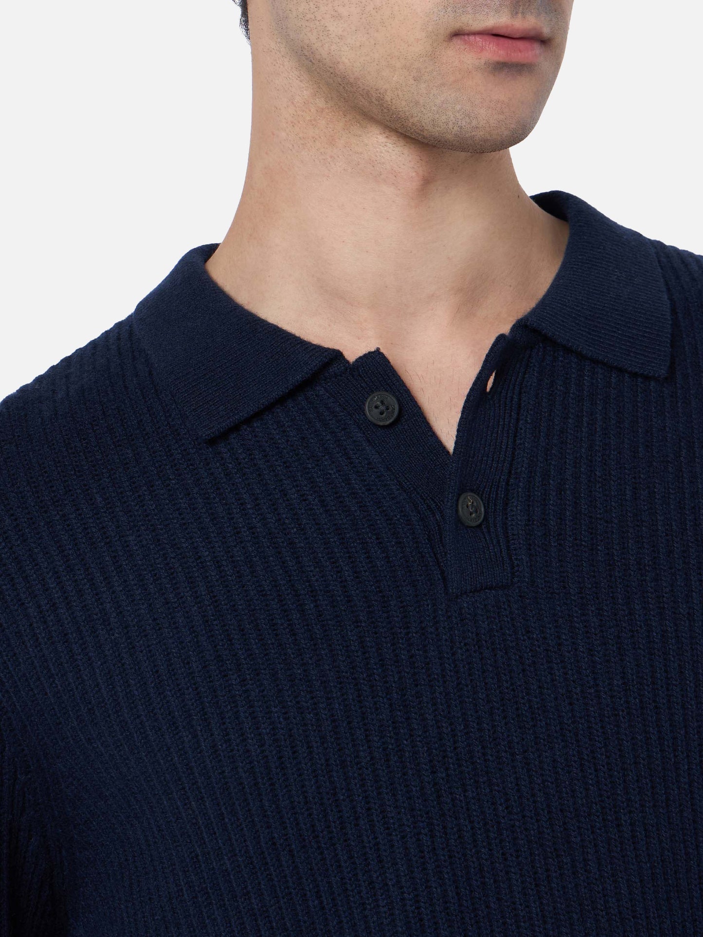 Man navy blue cashmere blend ribbed sweater Downing with buttoned collar