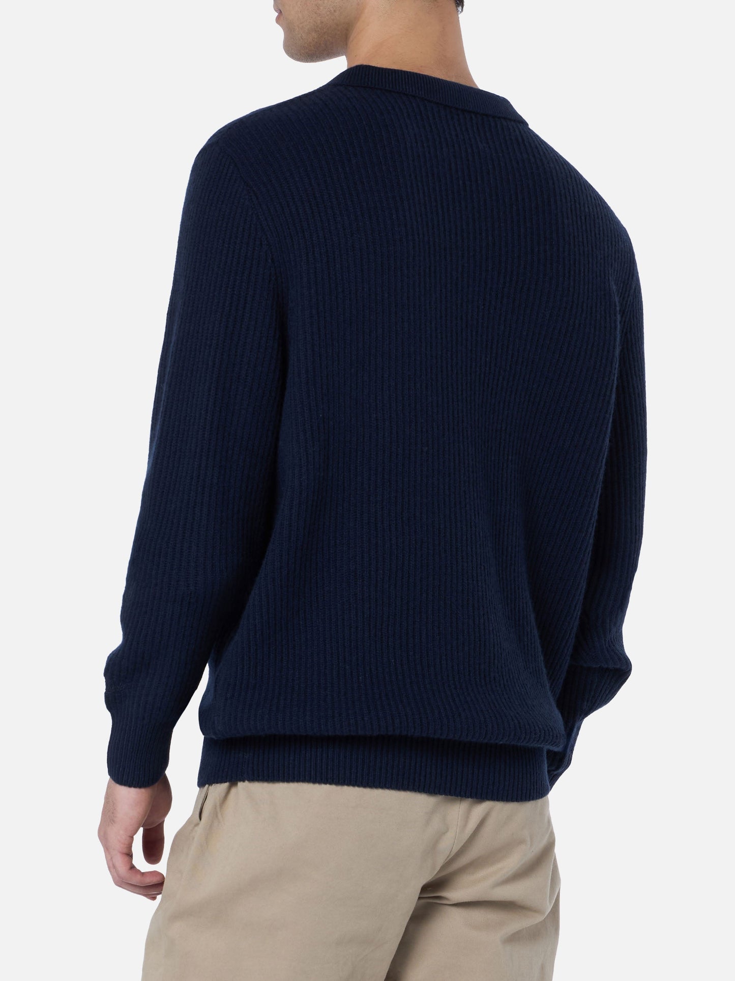 Man navy blue cashmere blend ribbed sweater Downing with buttoned collar