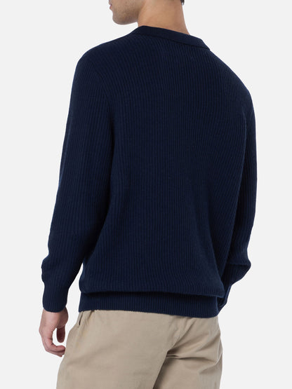 Man navy blue cashmere blend ribbed sweater Downing with buttoned collar
