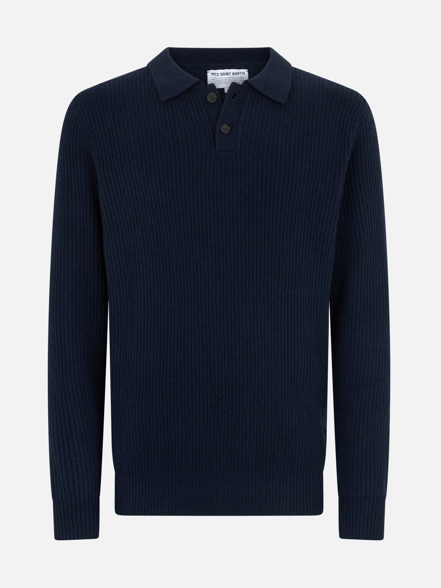 Man navy blue cashmere blend ribbed sweater Downing with buttoned collar