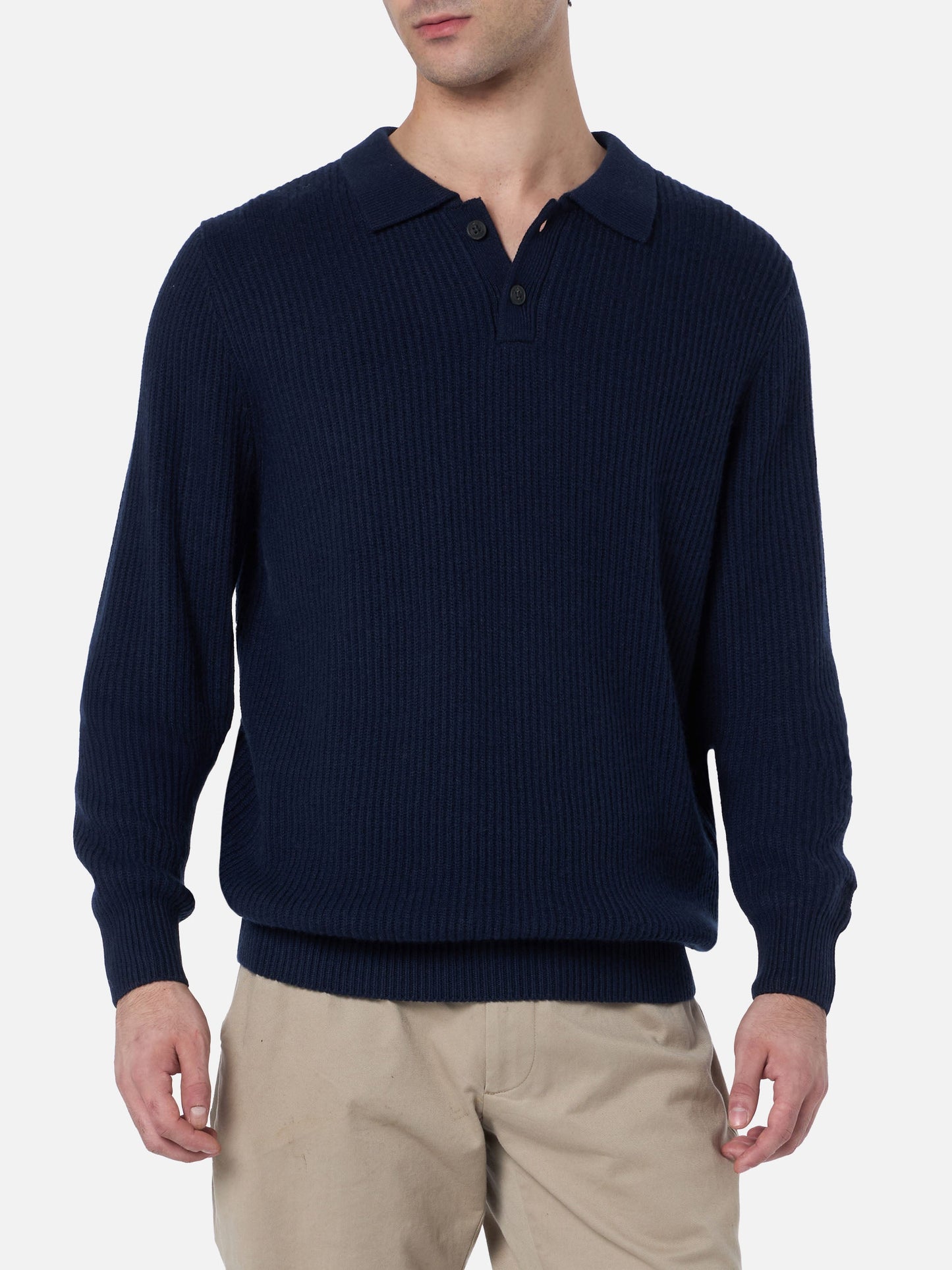 Man navy blue cashmere blend ribbed sweater Downing with buttoned collar