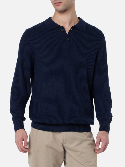 Man navy blue cashmere blend ribbed sweater Downing with buttoned collar