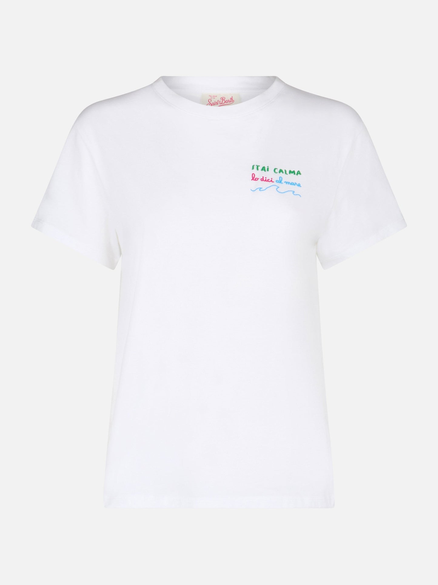 Woman cotton jersey crewneck t-shirt Emilie with Stai calma lo dici al mare embroidery