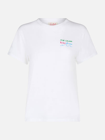 Woman cotton jersey crewneck t-shirt Emilie with Stai calma lo dici al mare embroidery