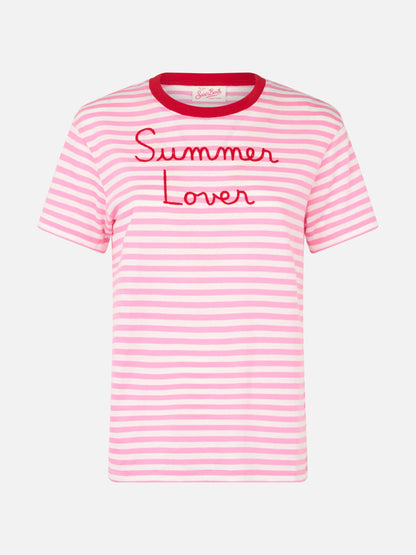 Woman striped cotton jersey crewneck t-shirt Emiilie with Summer Lover embroidery