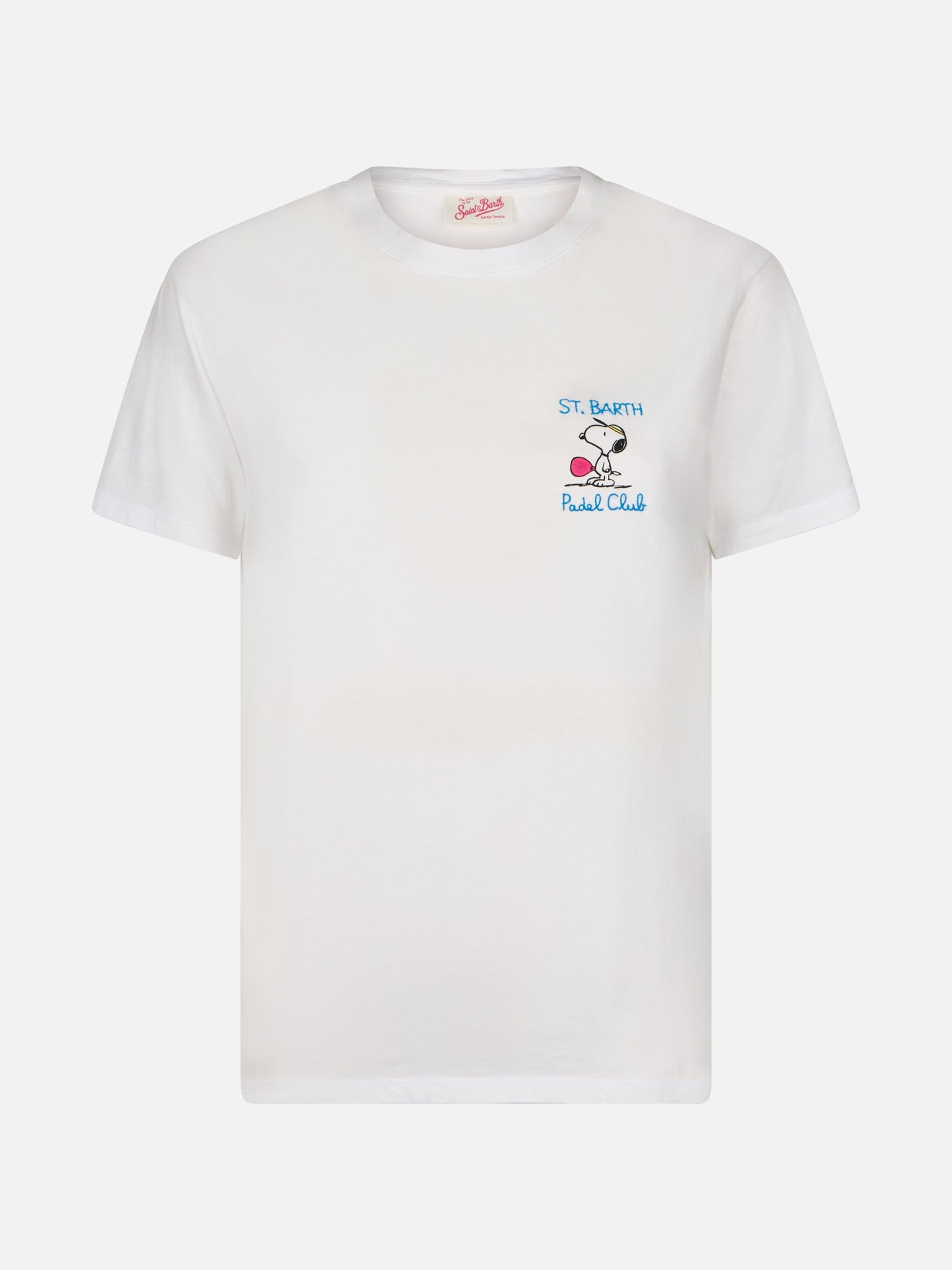 Woman pink cotton jersey crewneck t-shirt Emilie with Snoopy St. Barth Padel Club embroidery | SNOOPY PEANUTS SPECIAL EDITION
