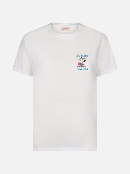 Woman pink cotton jersey crewneck t-shirt Emilie with Snoopy St. Barth Padel Club embroidery | SNOOPY PEANUTS SPECIAL EDITION
