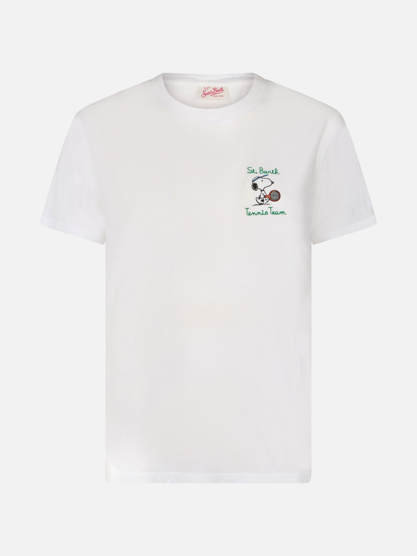 Woman pink cotton jersey crewneck t-shirt Emilie with Snoopy St. Barth Tennis Team embroidery | SNOOPY PEANUTS SPECIAL EDITION