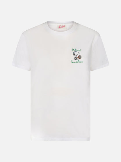 Woman pink cotton jersey crewneck t-shirt Emilie with Snoopy St. Barth Tennis Team embroidery | SNOOPY PEANUTS SPECIAL EDITION