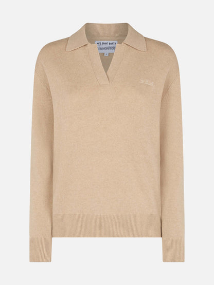 Woman beige cashmere blend sweater Eze with polo collar