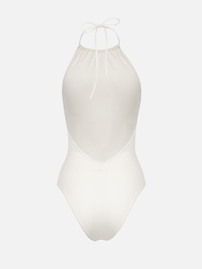 Woman cream halter neck one piece swimsuit