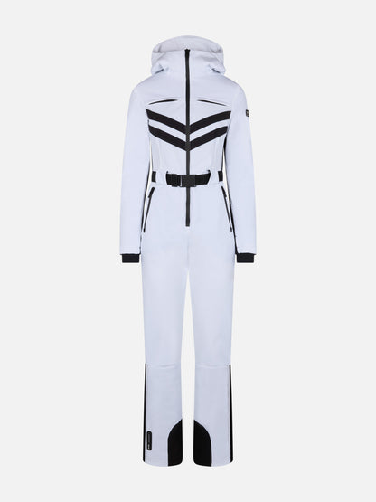 Woman white ski suit Garmisch with RECCO® technology