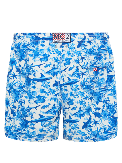 Mid-length Gustavia swim-shorts with shark print | AI CO-CREATED DESIGN BY RICKDICK - POWERED BY RED-EYE