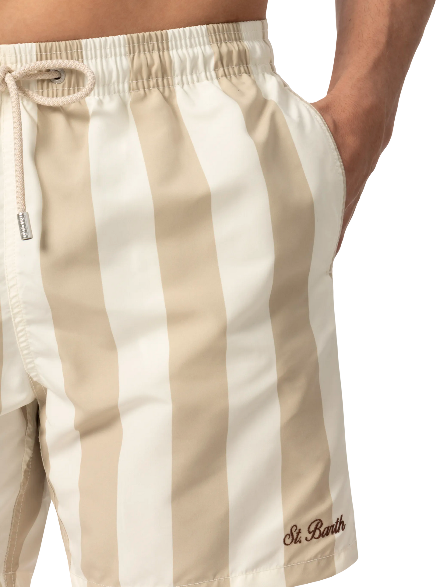 Mid-length striped Gustavia swim-shorts with St. Barth embroidery