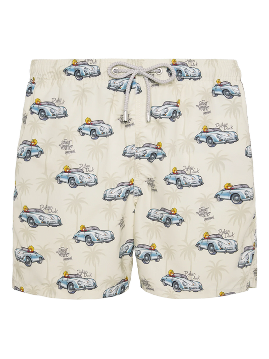 Mid-length Gustavia swim-shorts with ducky and car print |CRYPTOPUPPETS SPECIAL EDITION