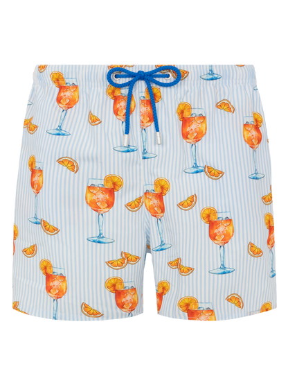 Mid-length Gustavia swim-shorts with Aperol Spritz and stripes print | APEROL SPECIAL EDITION