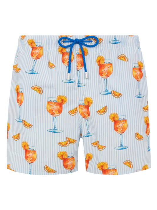 Mid-length Gustavia swim-shorts with Aperol Spritz and stripes print | APEROL SPECIAL EDITION
