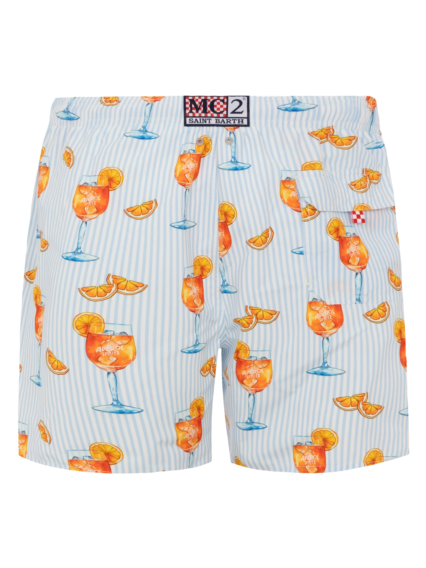 Mid-length Gustavia swim-shorts with Aperol Spritz and stripes print | APEROL SPECIAL EDITION