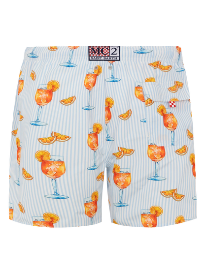 Mid-length Gustavia swim-shorts with Aperol Spritz and stripes print | APEROL SPECIAL EDITION