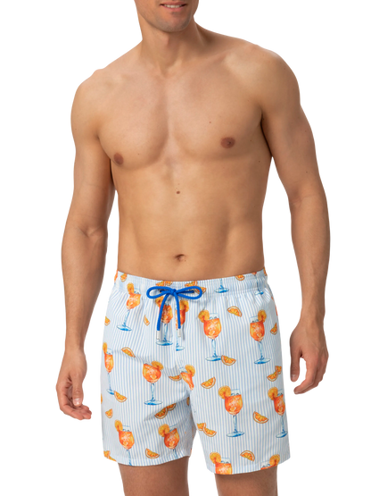 Mid-length Gustavia swim-shorts with Aperol Spritz and stripes print | APEROL SPECIAL EDITION