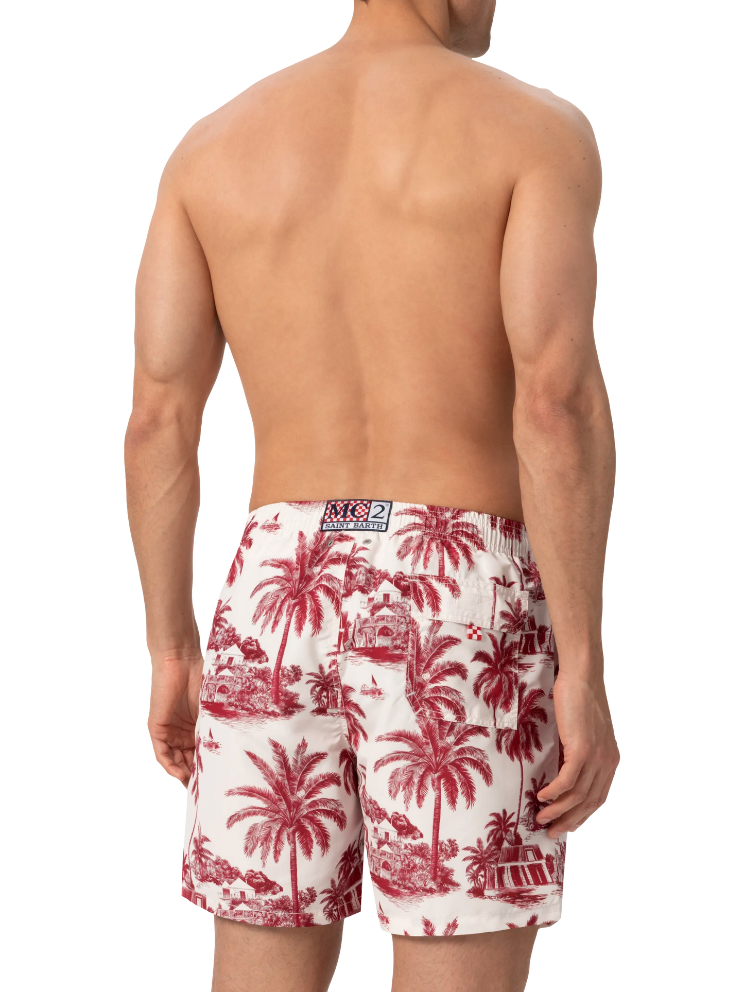 Mid-length Gustavia swim-shorts with toile de jouy print | AI CO-CREATED DESIGN BY RICKDICK - POWERED BY RED-EYE