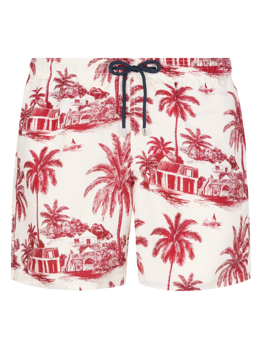 Mid-length Gustavia swim-shorts with toile de jouy print | AI CO-CREATED DESIGN BY RICKDICK - POWERED BY RED-EYE