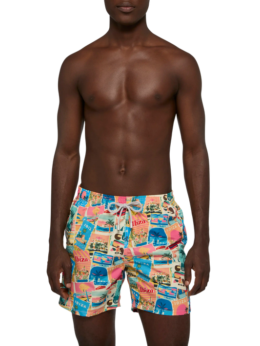 Mid-length Gustavia swim-shorts with Ibiza postcard print | AI CO-CREATED DESIGN BY RICKDICK - POWERED BY RED-EYE