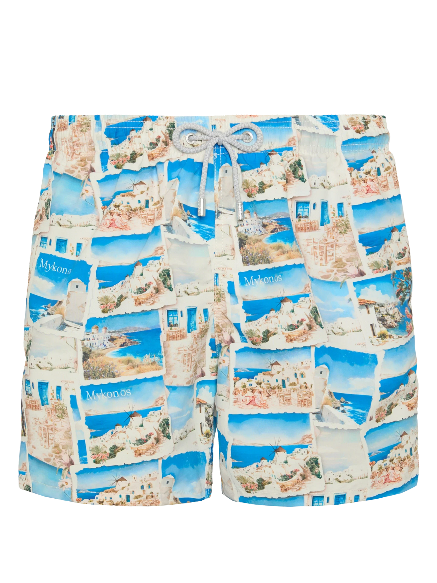 Mid-length Gustavia swim-shorts with Mykonos postcard print | AI CO-CREATED DESIGN BY RICKDICK - POWERED BY RED-EYE
