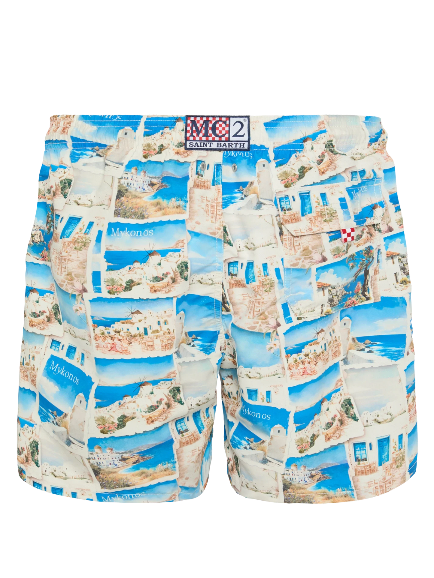 Mid-length Gustavia swim-shorts with Mykonos postcard print | AI CO-CREATED DESIGN BY RICKDICK - POWERED BY RED-EYE