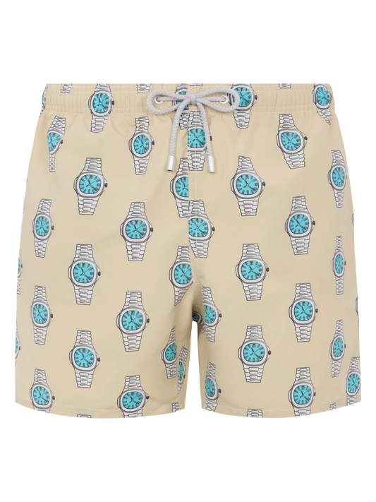 Mid-length Gustavia swim-shorts with watches print