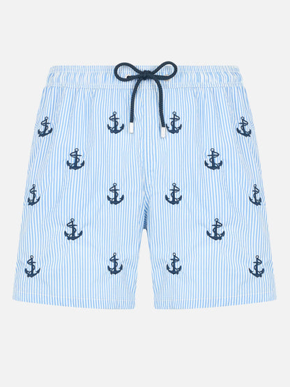 Man mid-length seersucker Gustavia swim shorts with anchors embroidery