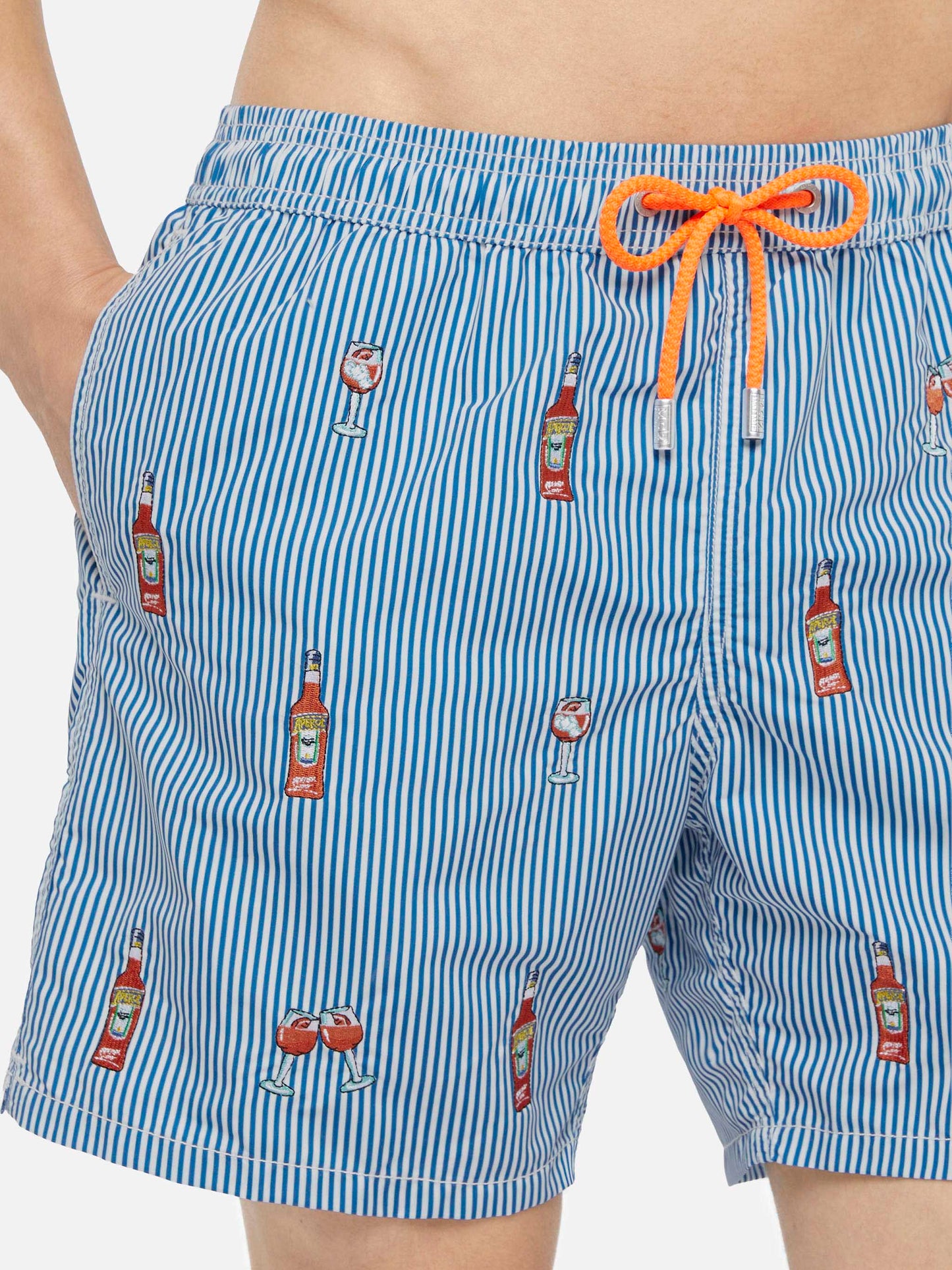 Mid-length striped Gustavia swim-shorts with Aperol Spritz embroidery | APEROL SPECIAL EDITION