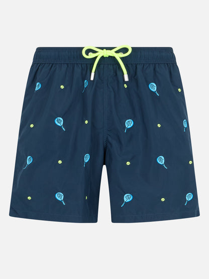 Mid-length striped Gustavia swim-shorts with padel embroidery