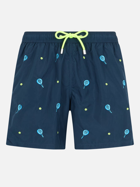 Mid-length striped Gustavia swim-shorts with padel embroidery