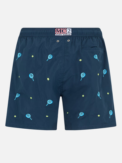 Mid-length striped Gustavia swim-shorts with padel embroidery