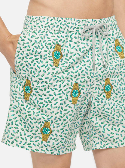 Mid-length striped Gustavia swim-shorts with watches embroidery