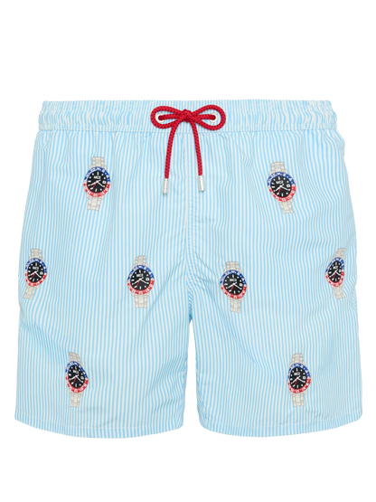 Mid-length striped Gustavia swim-shorts with watches embroidery