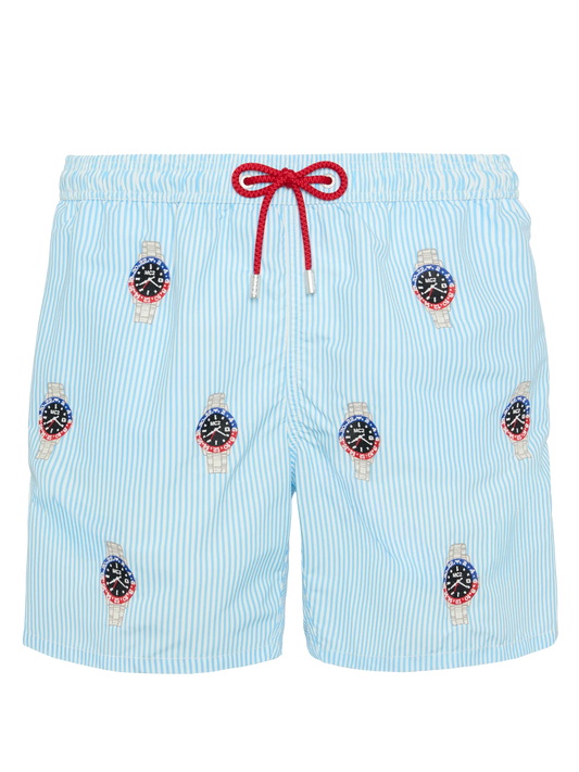 Mid-length striped Gustavia swim-shorts with watches embroidery
