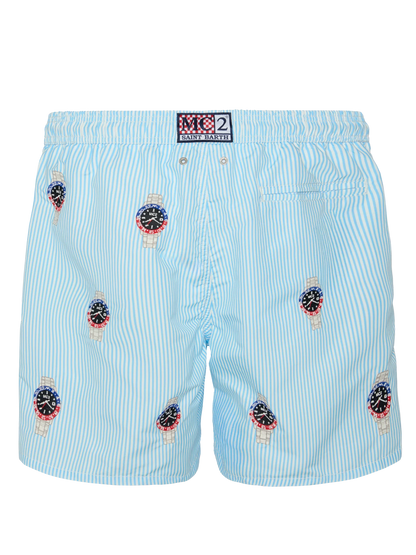 Mid-length striped Gustavia swim-shorts with watches embroidery
